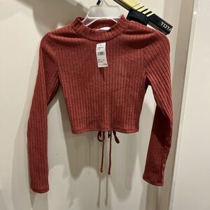 Lush Ribbed Long Sleeve Crop Top - Red